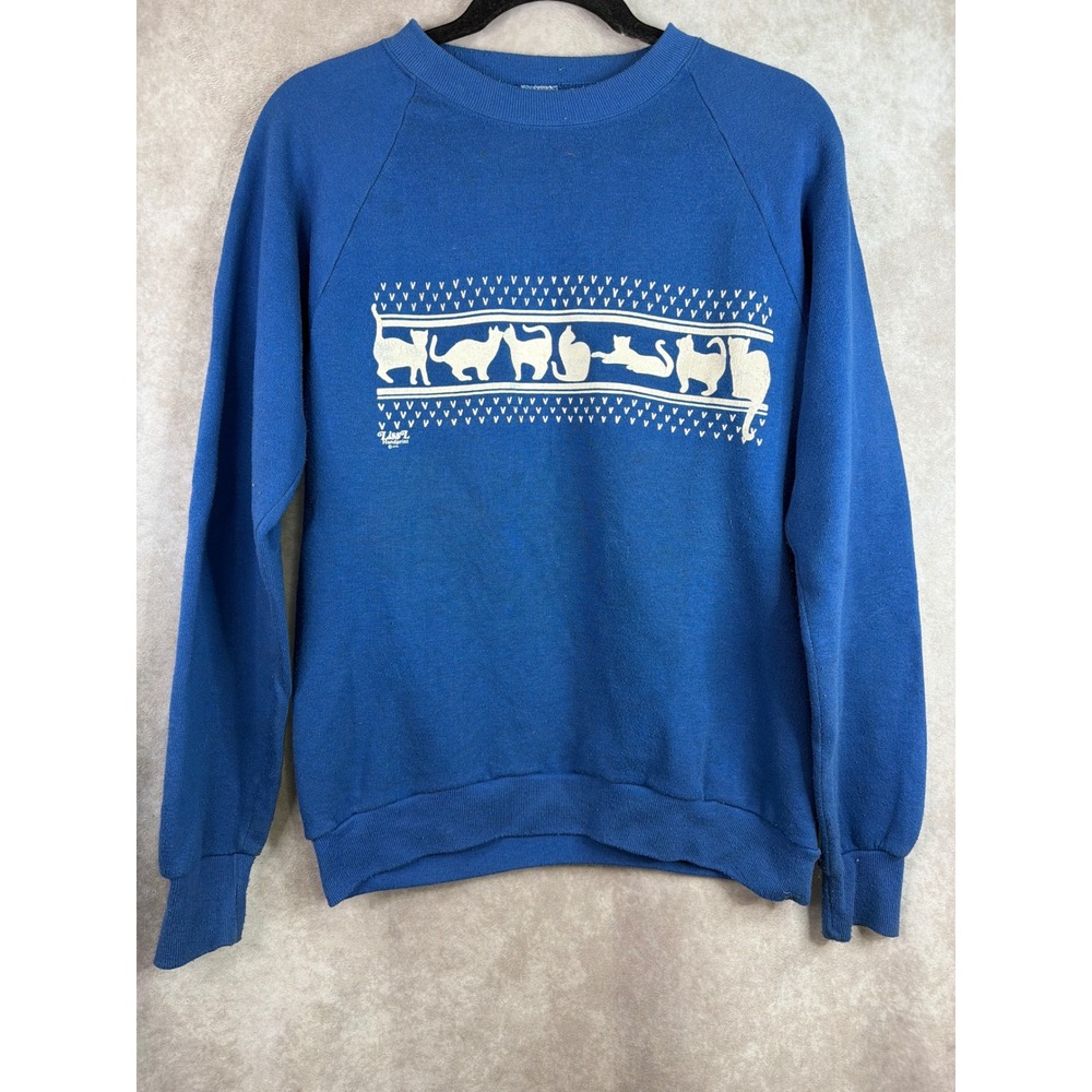 VTG 90s Jerzees Sweatshirt Women Medium Blue Liss L Handprint Cat Graphic USA